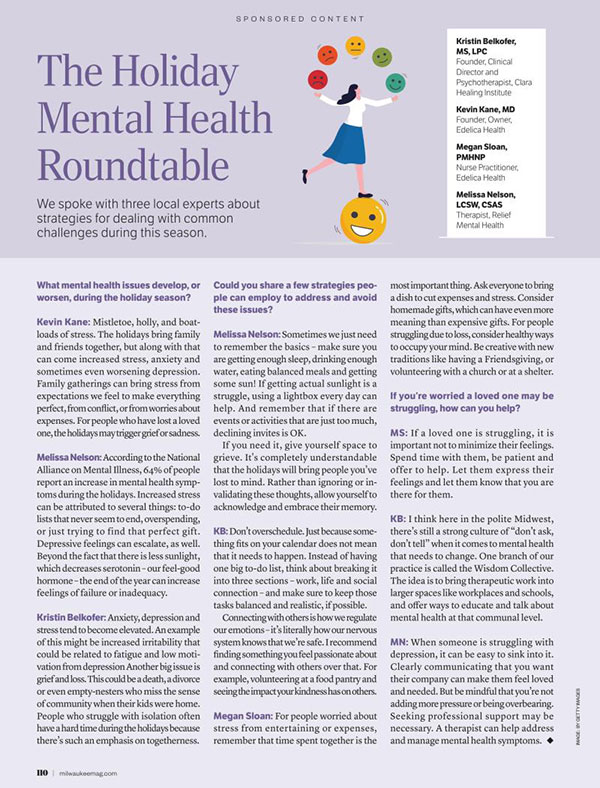 Article in Milwaukee Magazine December 2023 issue: "Milwaukee Magazine: The Holiday Mental Health Roundtable"