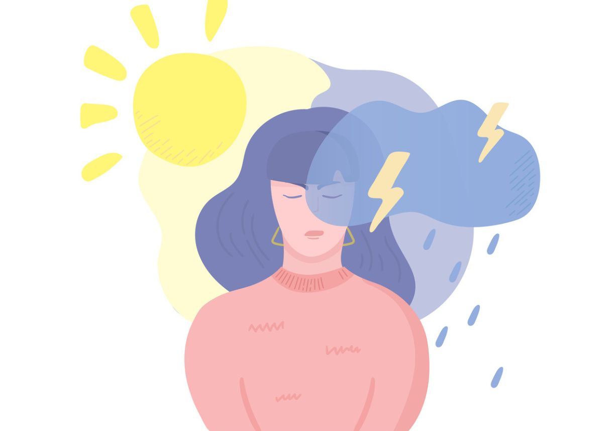 Mental problem illustration. Girl depressed and changing mood. Mental health weather concept. Vector illustration, cartoon flat style.