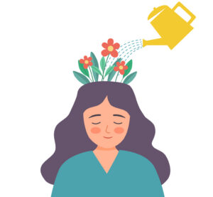 Watering plants and flowers growing in head in flat design on white background. Mental health. Self care.