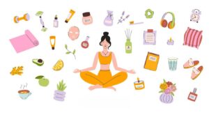 Self Care Illustrations. Yoga, Skincare and Relaxation. Wellness Essentials. Me Time Concept.