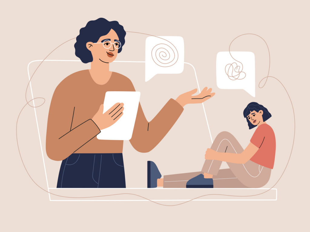 Psychologist supports the patient by online video conference, consultation with depressed woman. Internet consultation with mental disorder girl, helpline virtual service. Trendy vector illustration