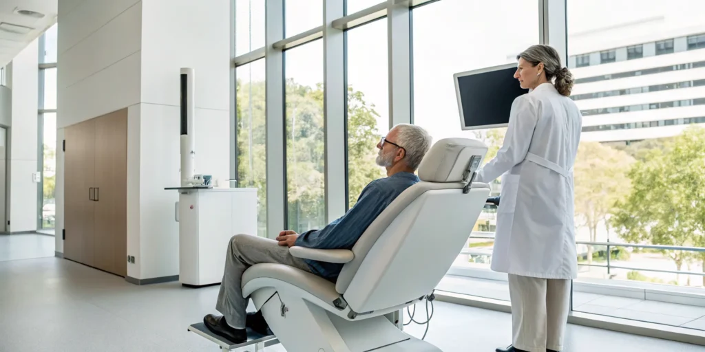 TMS therapy for depression administered to a patient in a comfortable treatment chair.