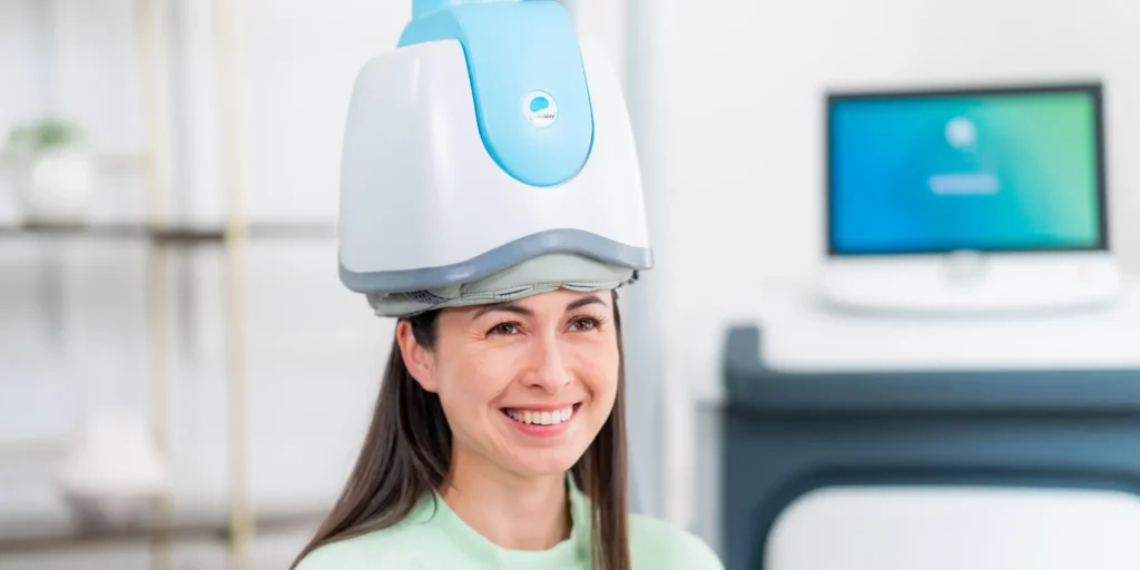 A patient undergoing a non-invasive TMS therapy session at a Relief Mental Health clinic.
