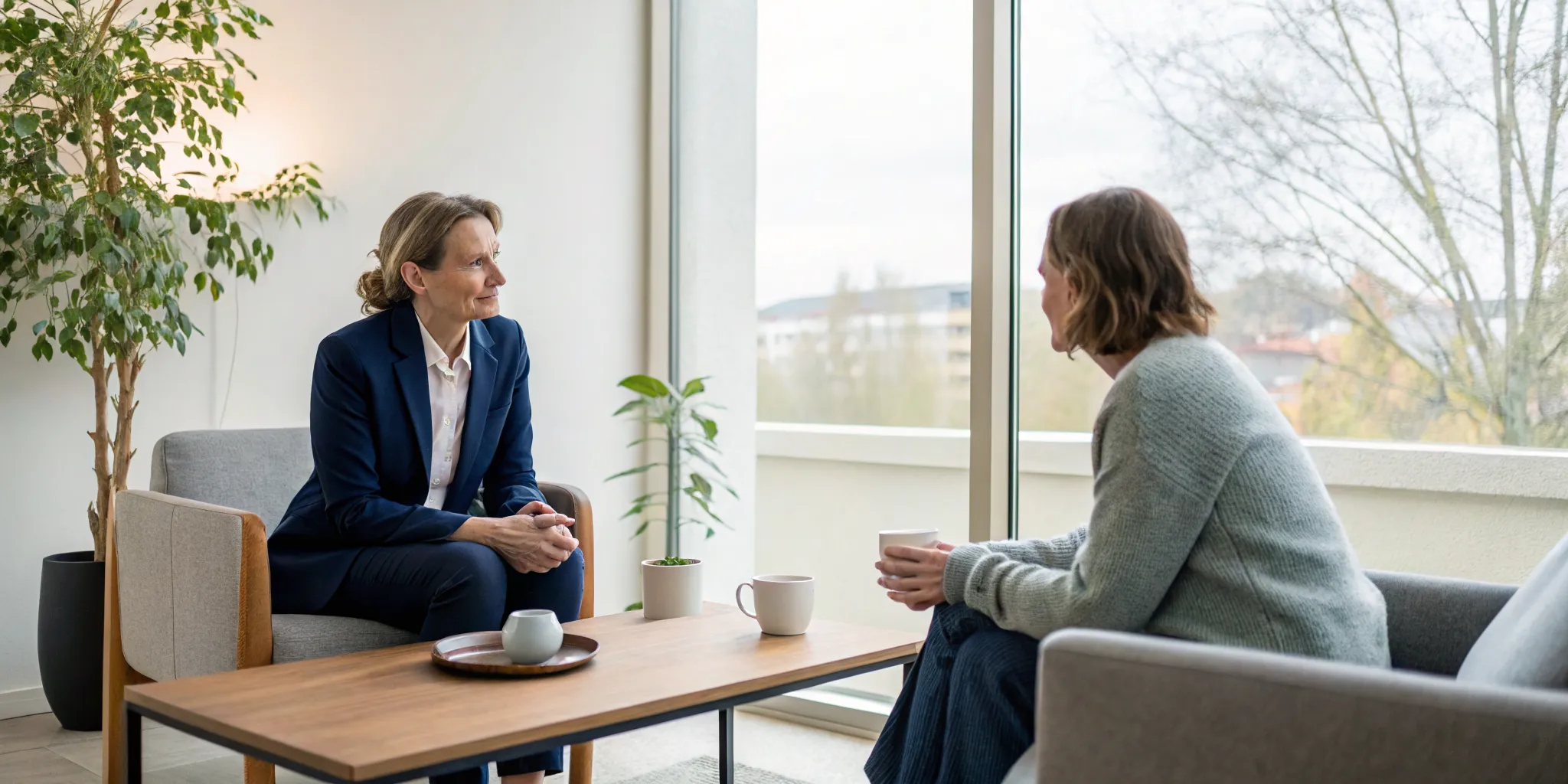 A woman talking with a psychiatrist for depression during a consultation.