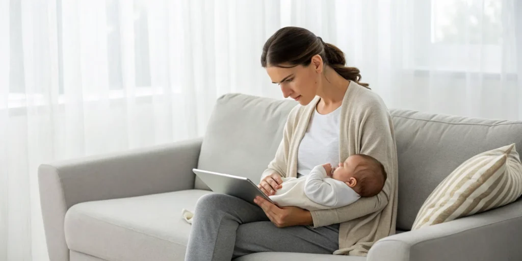 A new mother with postpartum depression seeks help on her tablet while holding her baby.