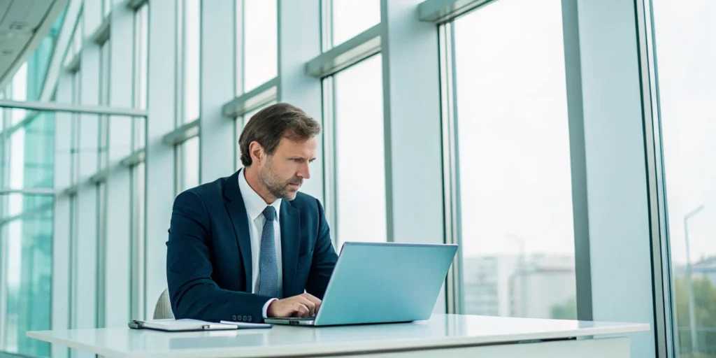 A man at his laptop experiencing hidden symptoms of depression at work.