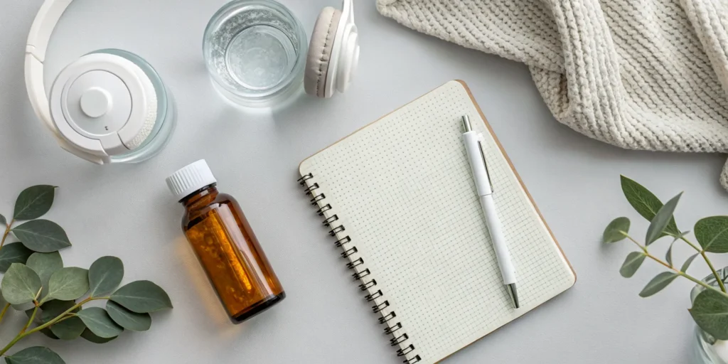 A notebook, medication, and headphones on a table for exploring different treatments for depression.