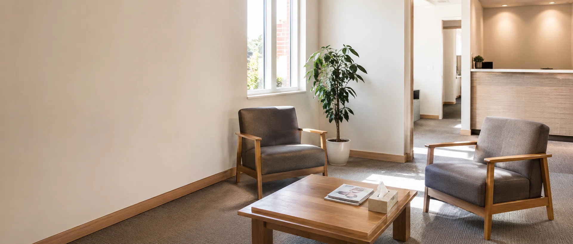Quiet clinic waiting room with morning light