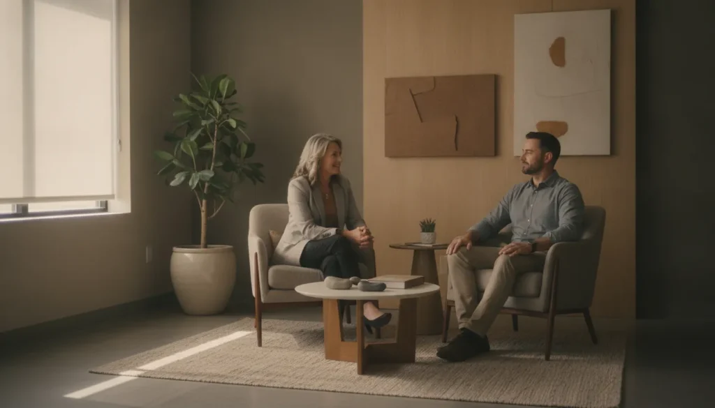 Clinician discussing TMS therapy with a patient in a modern outpatient clinic