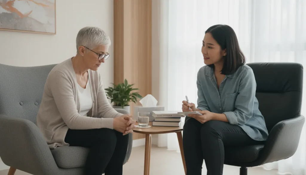 Two women discussing depression relapse during a therapy session.