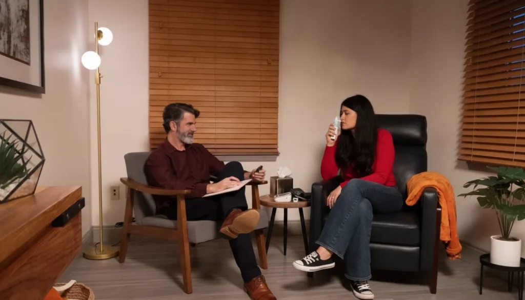 Patient self-administering SPRAVATO® nasal spray during a supervised depression treatment session.