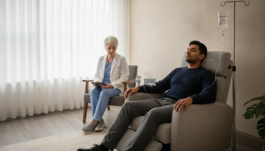 Patient receiving a medically supervised IV ketamine infusion for depression.