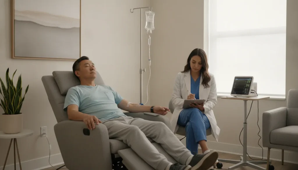 Patient receiving IV ketamine infusion for depression under medical supervision.