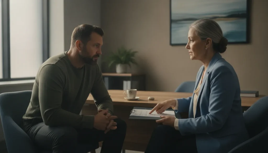 Psychiatrist discussing ketamine infusion research for PTSD with a veteran patient