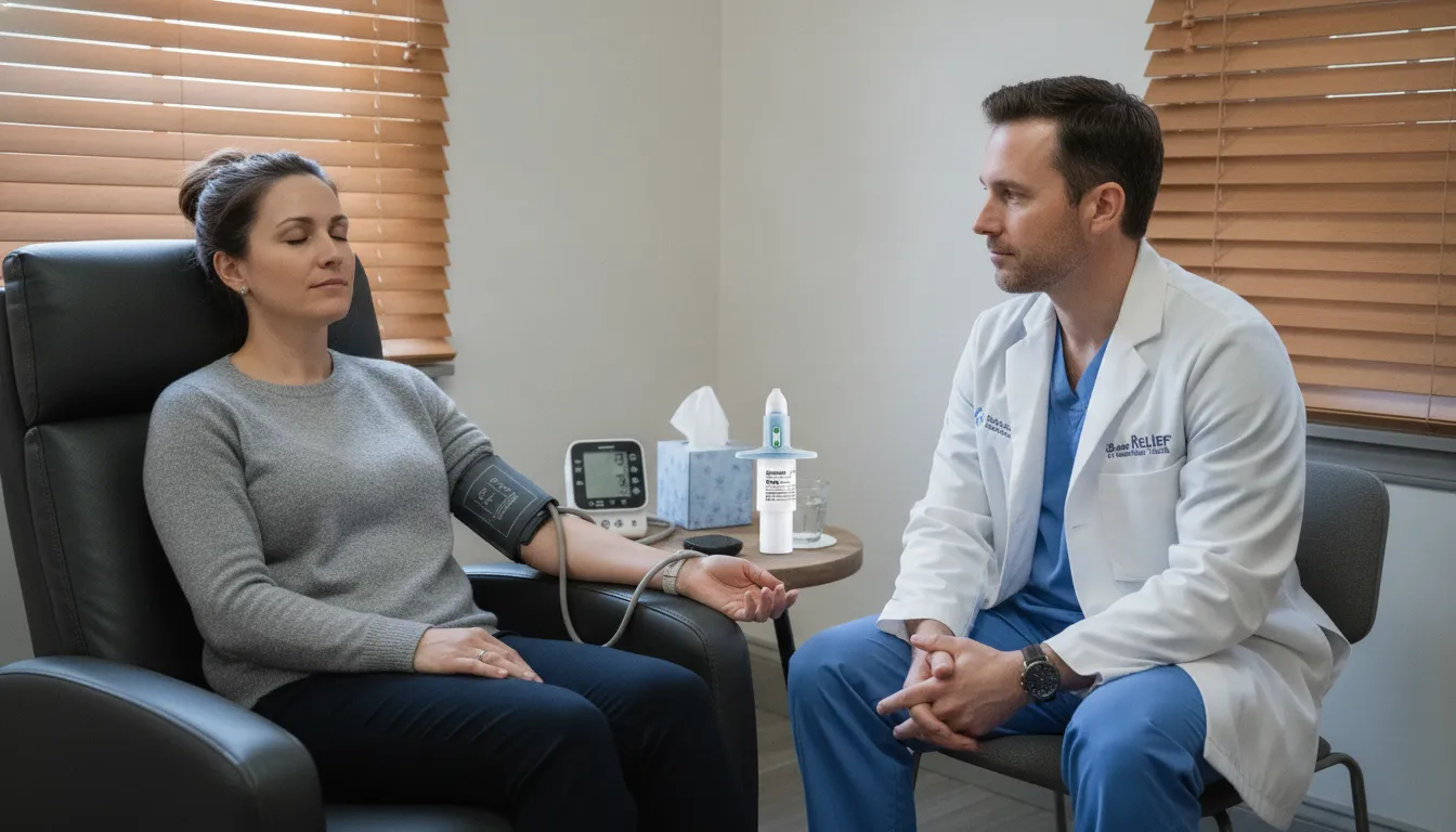 Woman receiving IV ketamine treatment for depression with clinician monitoring.
