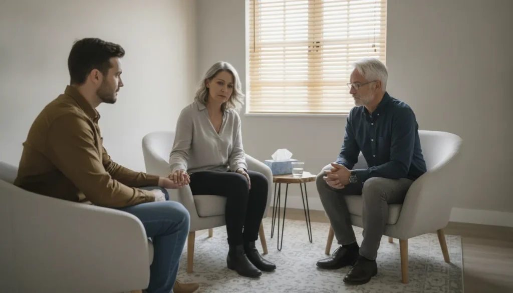 Couple holding hands with a counselor during melancholic depression therapy.