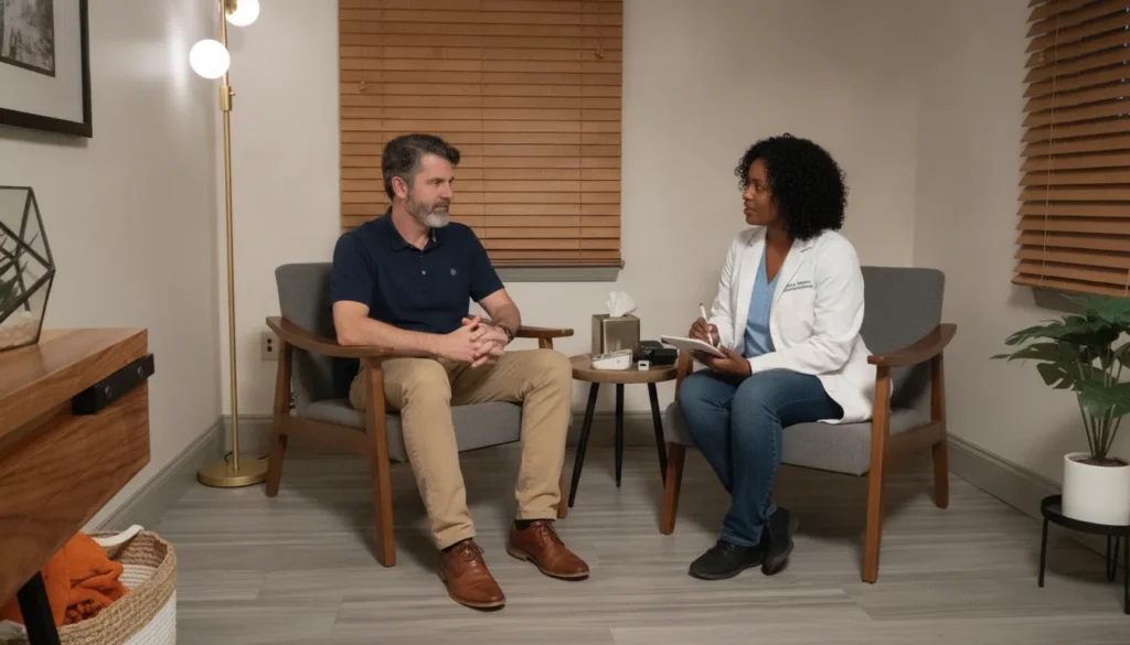 Veteran discussing PTSD and depression treatment with a mental health professional.