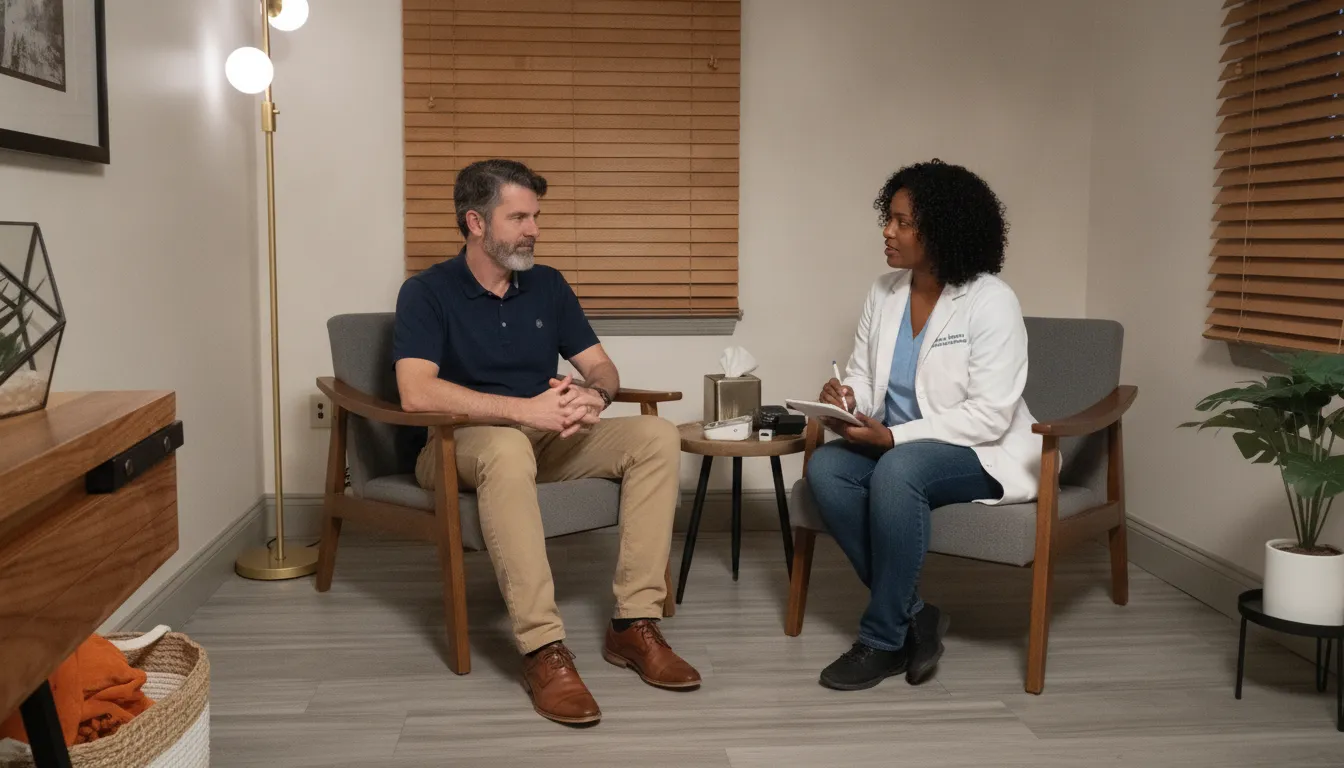 Veteran discussing PTSD and depression treatment with a mental health professional.