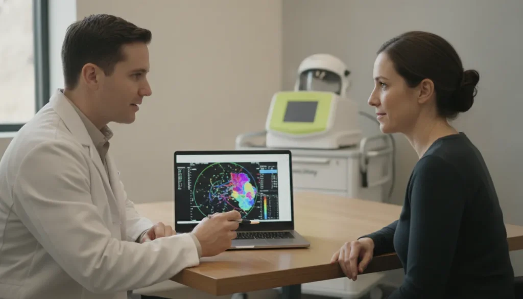 Doctor reviewing qEEG brain mapping results with a patient before TMS on a laptop.