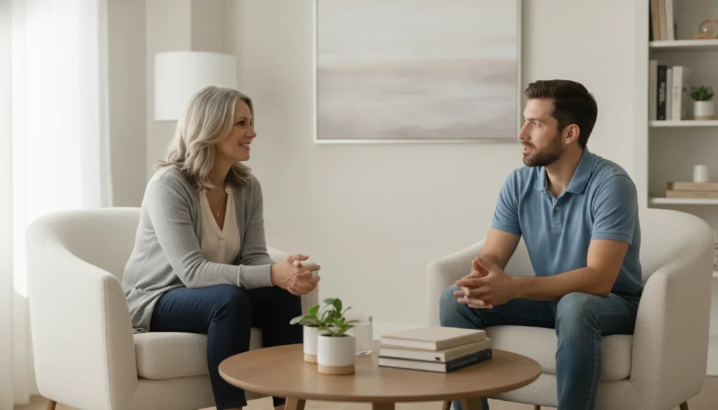 Therapist and patient discussing PTSD and depression care in a clinic.