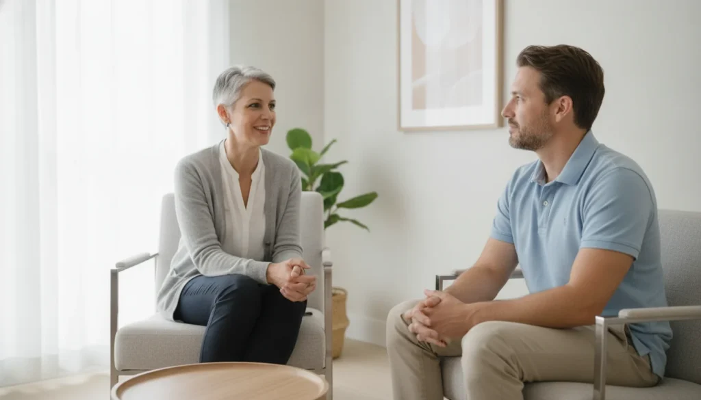 Therapist and client discussing self-esteem and confidence in a calm clinic.
