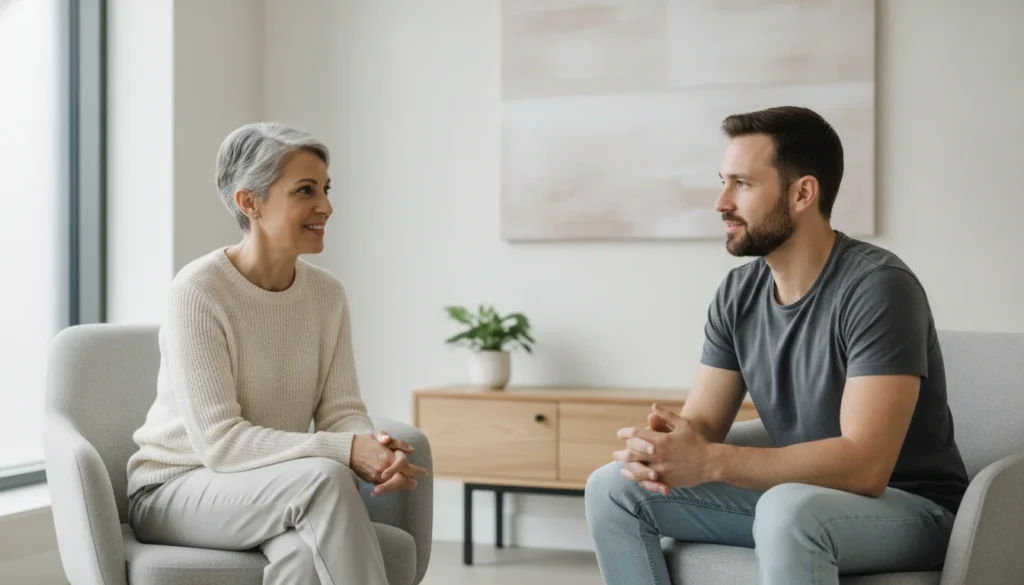 Clinician discussing depression treatment options with a patient in a calm clinic.