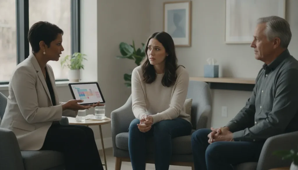 Therapist discussing anxious depression symptoms and treatment with a patient.