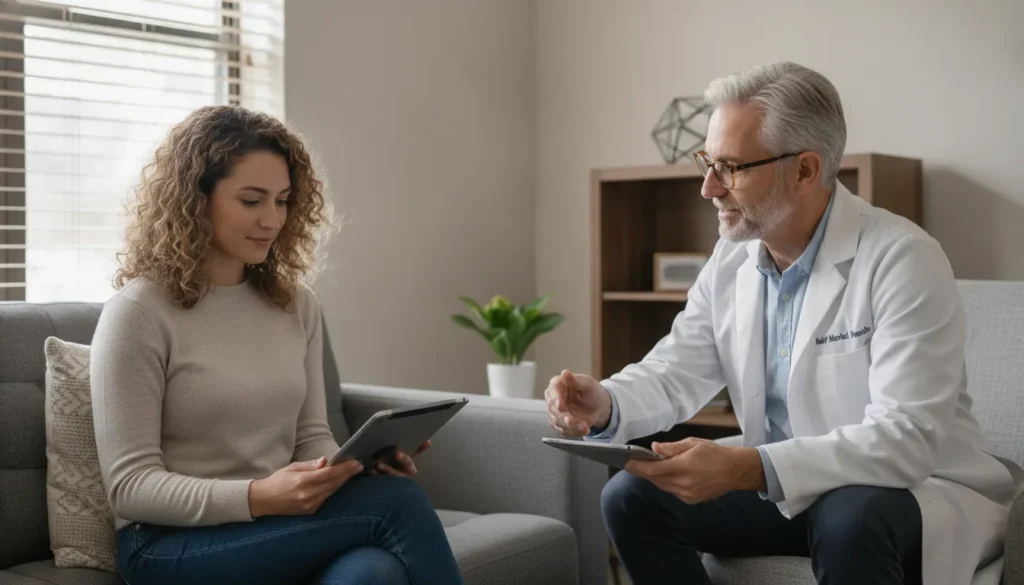 Woman discussing depression quiz results with a doctor.