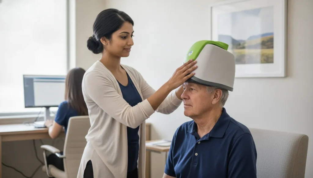 Patient receiving TMS therapy with a BrainsWay Deep TMS device in a clinical setting.