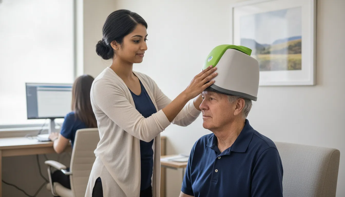 Patient receiving TMS therapy with a BrainsWay Deep TMS device in a clinical setting.