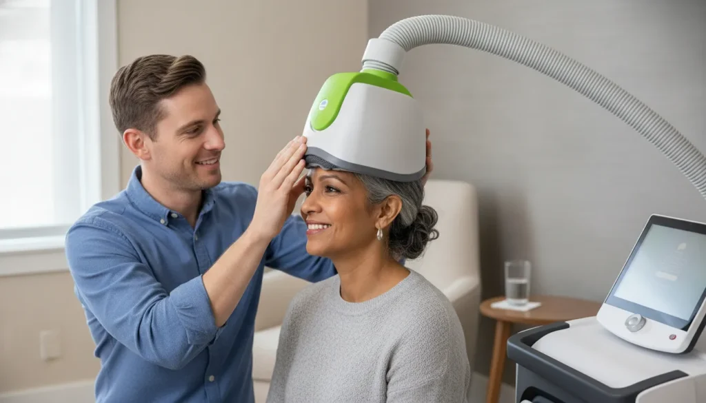 Patient receiving TMS therapy while a technician adjusts the stimulation device.
