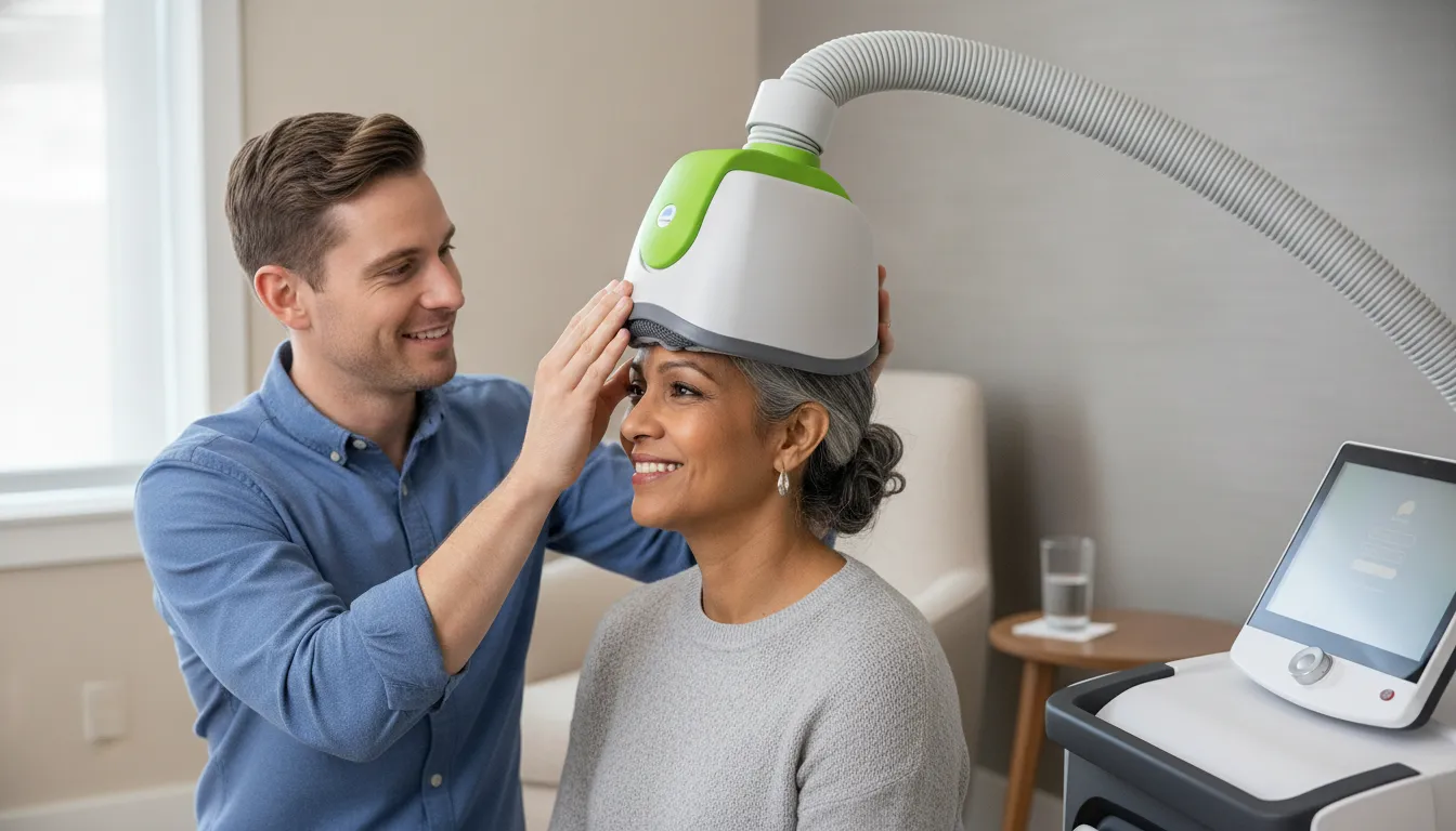 Patient receiving TMS therapy while a technician adjusts the stimulation device.