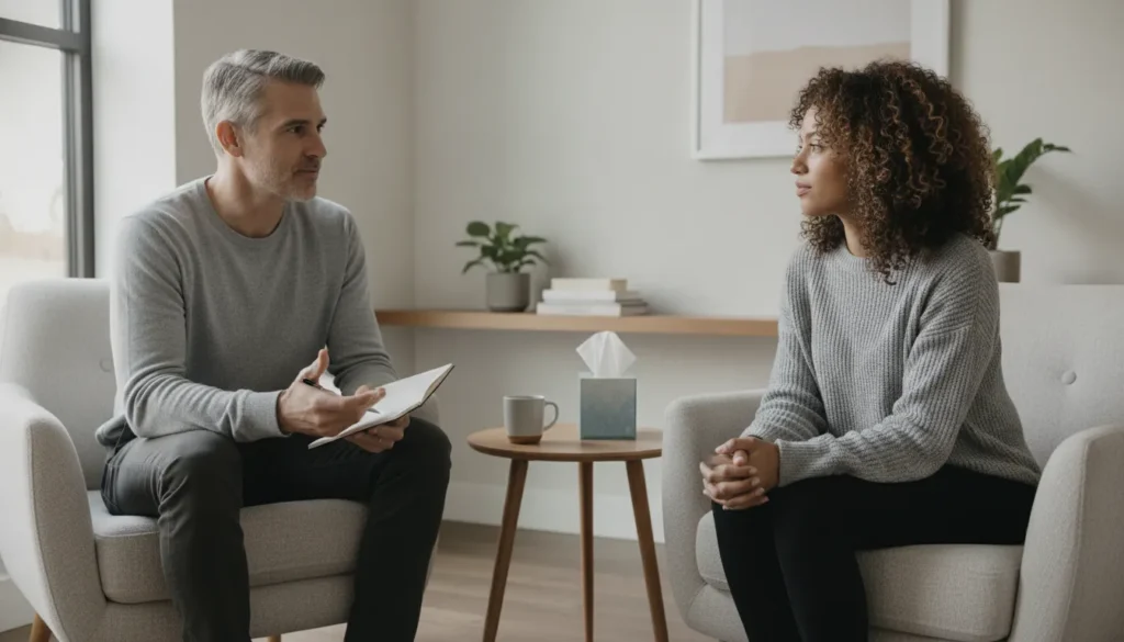 Therapist and patient discussing depression treatment during a counseling session.