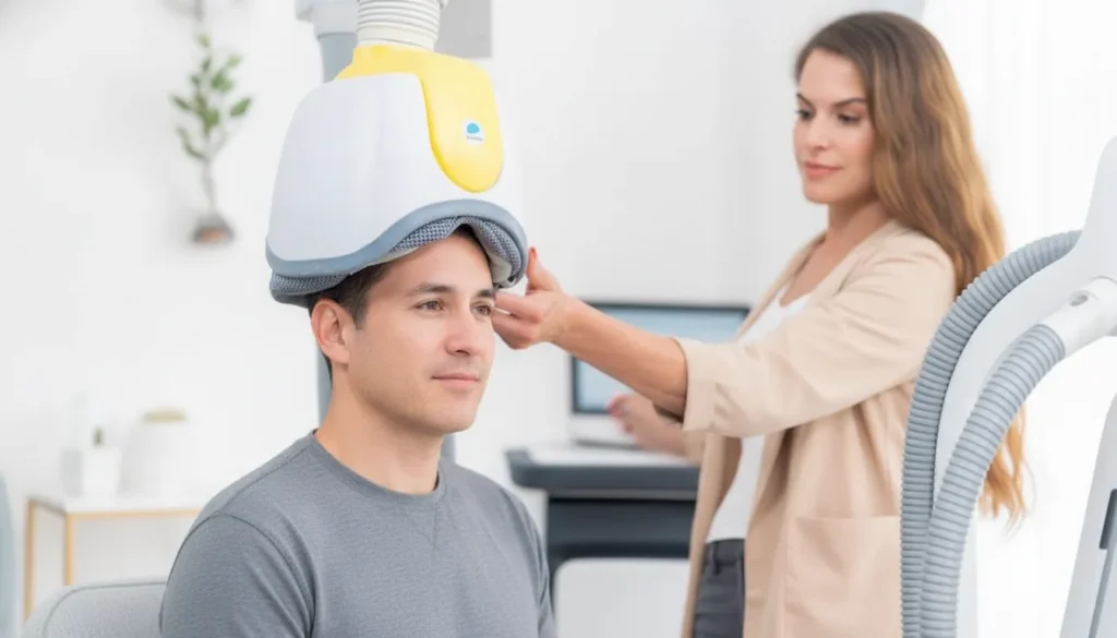 Man receiving BrainsWay Deep TMS therapy while seated during a clinician-guided treatment session.