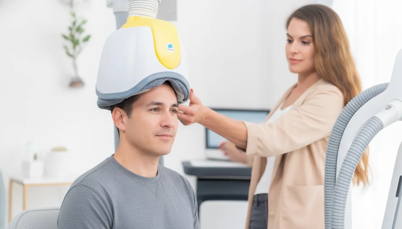Man receiving BrainsWay Deep TMS therapy while seated during a clinician-guided treatment session.