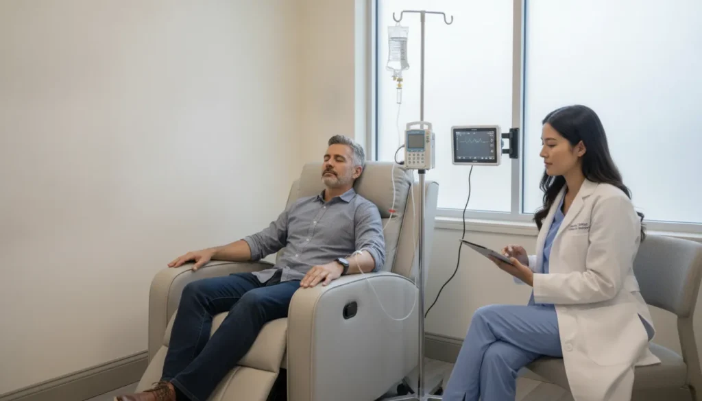 Man receiving a monitored IV ketamine infusion for depression in a clinic.