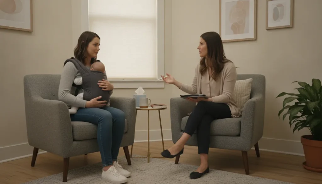 Woman with baby speaking with a therapist about postpartum depression.