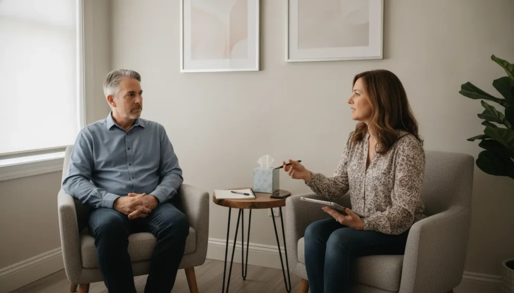 Man speaking with a mental health professional during a psychiatric evaluation in a comfortable office.