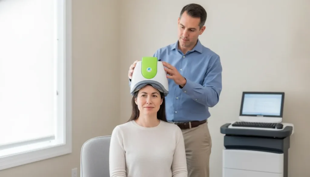 Woman receiving BrainsWay Deep TMS treatment for anxious depression in a clinic.