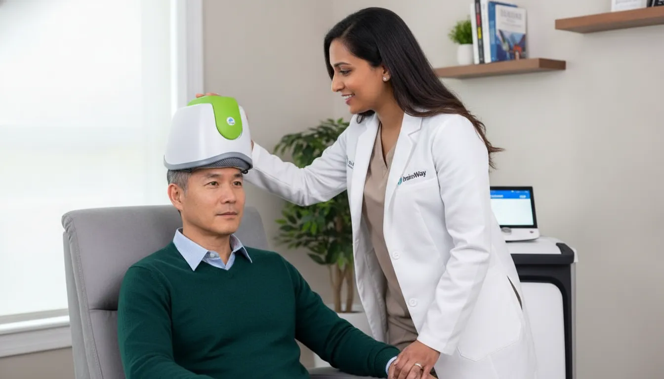 Patient receiving TMS therapy for depression from a doctor.