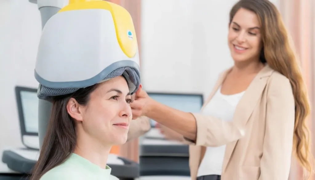 Woman receiving TMS therapy from a technician in a modern clinic.