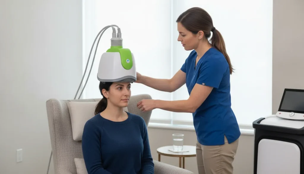 Patient receiving TMS treatment from a healthcare professional in a clinic.