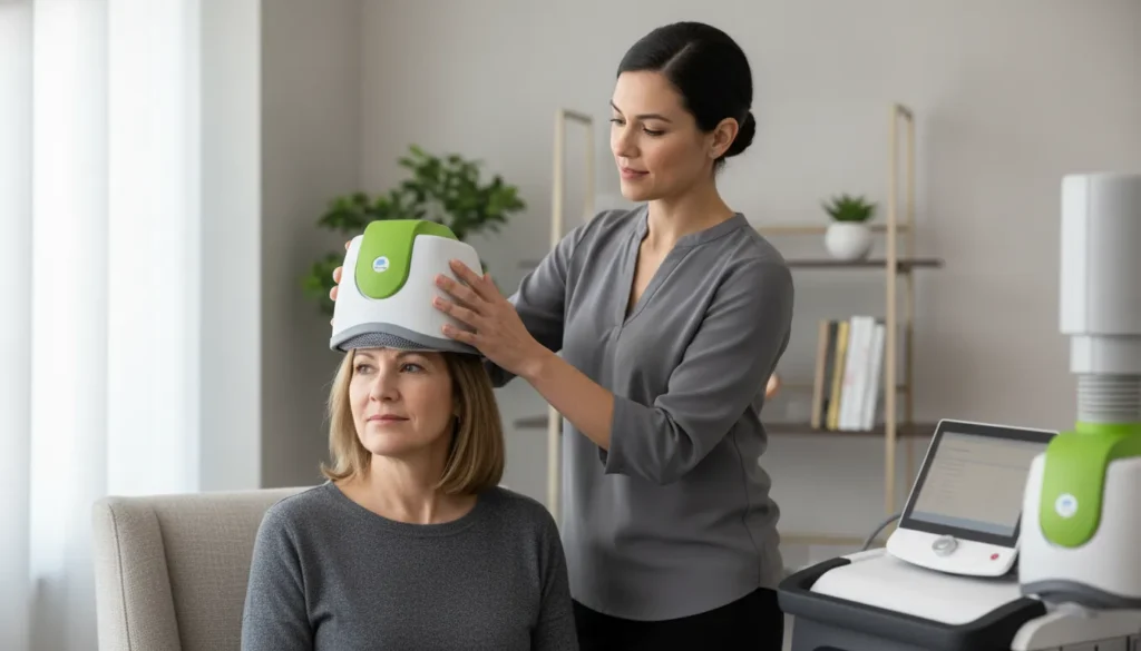Clinician discussing TMS therapy and antidepressant options with a patient