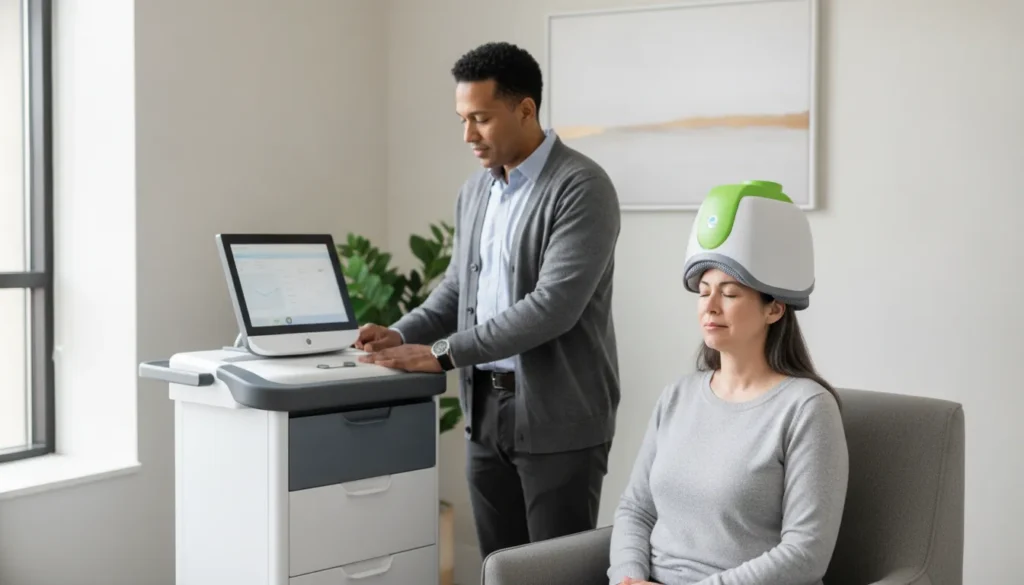 Patient receiving BrainsWay Deep TMS with a clinician monitoring depression treatment.