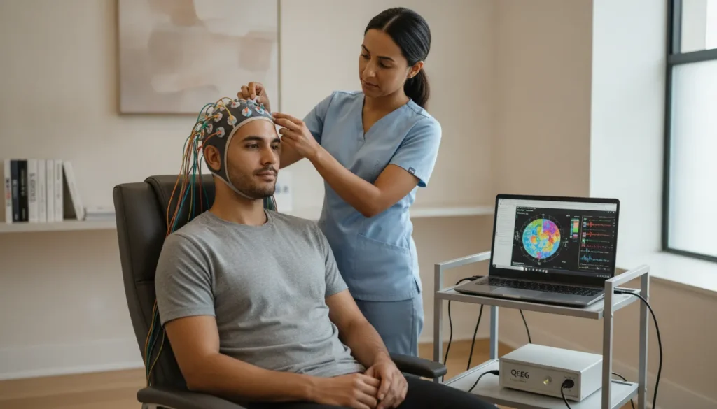 Technician performing a QEEG brain scan on a patient for personalized mental health care.