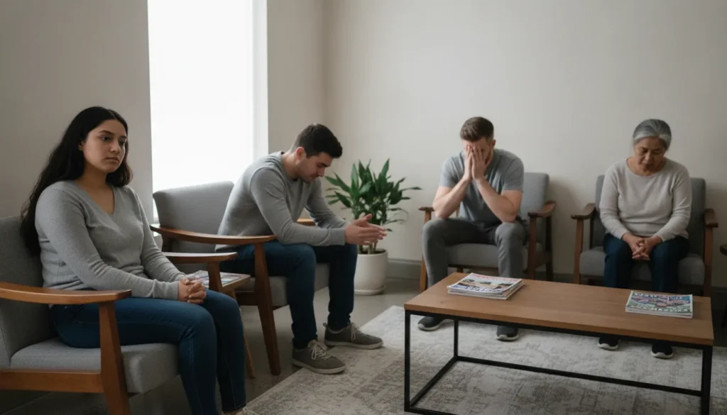 People sitting quietly in a waiting room with sad, withdrawn expressions.