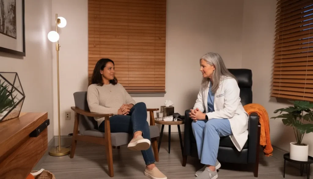 Patient discusses Spravato esketamine treatment with a doctor.