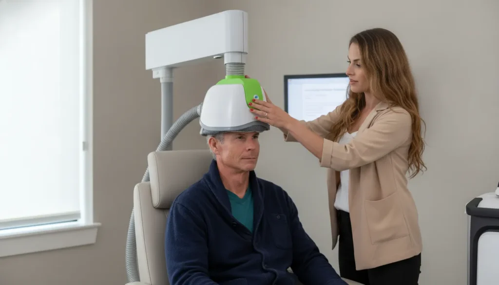 Patient receiving BrainsWay Deep TMS treatment for depression with clinician support.