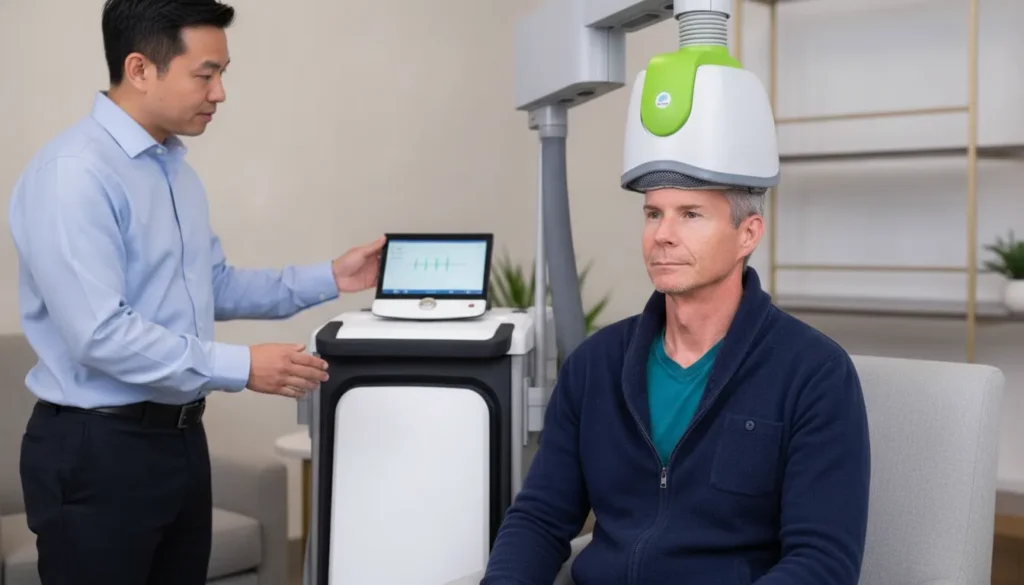 Man receiving TMS for depression while a clinician operates a BrainsWay Deep TMS device.
