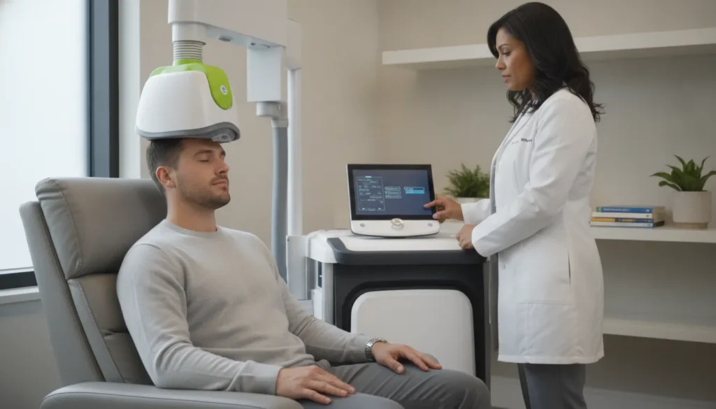 Patient receiving TMS treatment while a clinician monitors for potential side effects.